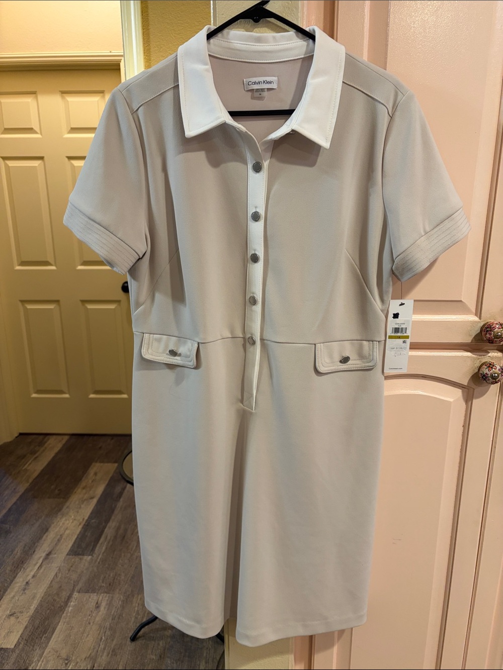 Calvin Klein Cream Polo-Collar Short-Sleeve Midi Dress